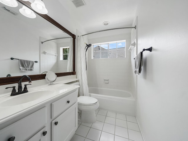 bathroom featuring vanity, toilet, tile patterned floors, shower / bathtub combination with curtain, and visible vents