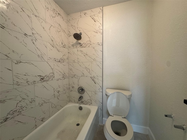 full bathroom with toilet, a textured ceiling, baseboards, and  shower combination