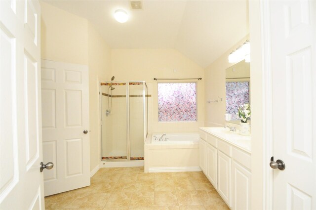 7214 Paradise Park Bnd, Richmond, TX 77407 - bathroom with a stall shower, a bath, vanity, lofted ceiling, and visible vents