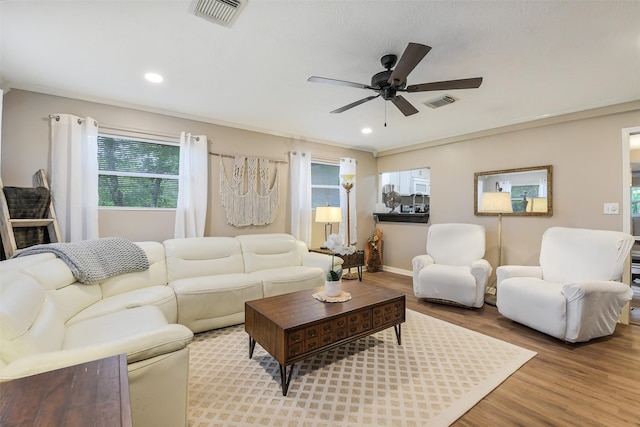 27011 Azalea Ct, Magnolia, TX 77354 - living area with a ceiling fan, wood finished floors, visible vents, and recessed lighting