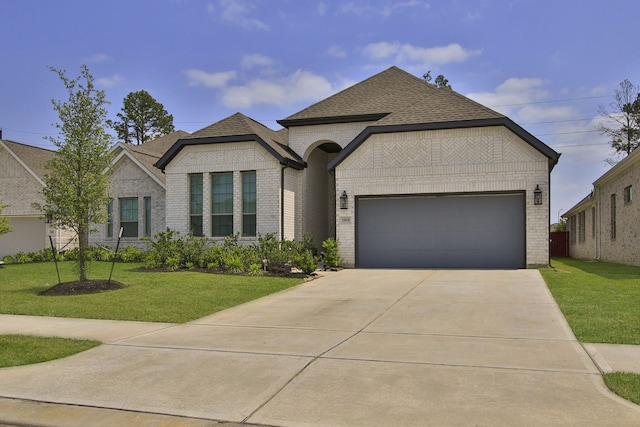 1919 Hickory Grove Ln, Tomball, TX 77375 - french country style house with a garage, a front yard, and brick siding