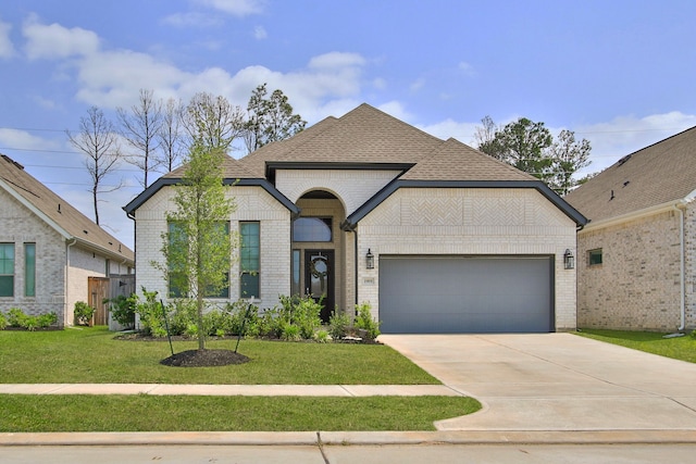 1919 Hickory Grove Ln, Tomball, TX 77375 - french country home with a front yard, an attached garage, concrete driveway, brick siding, and roof with shingles