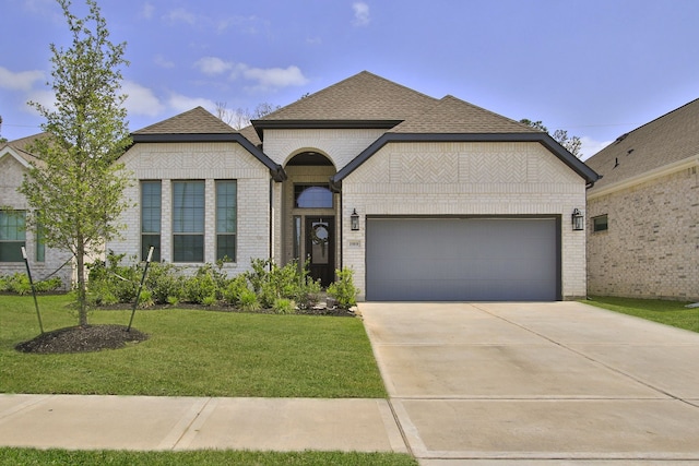 1919 Hickory Grove Ln, Tomball, TX 77375 - french country style house with roof with shingles, a front lawn, brick siding, a garage, and concrete driveway