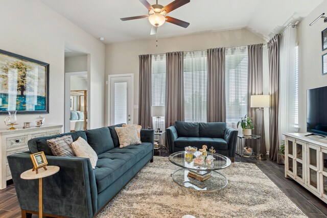 1919 Hickory Grove Ln, Tomball, TX 77375 - living area featuring dark wood-type flooring, a ceiling fan, and lofted ceiling