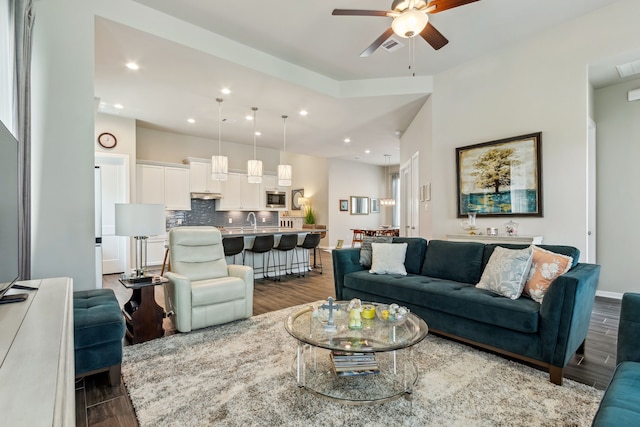 1919 Hickory Grove Ln, Tomball, TX 77375 - living room with recessed lighting, dark wood-style floors, and ceiling fan