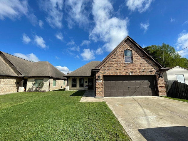 view of front facade with a garage, fence, a front lawn, brick siding, and concrete driveway