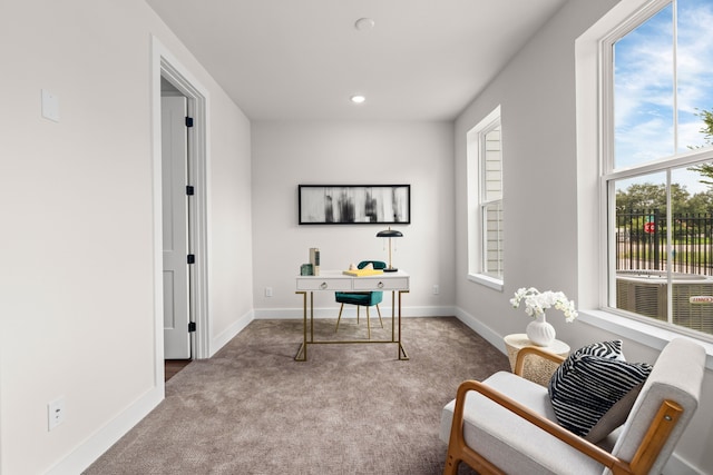 office with baseboards, recessed lighting, and carpet