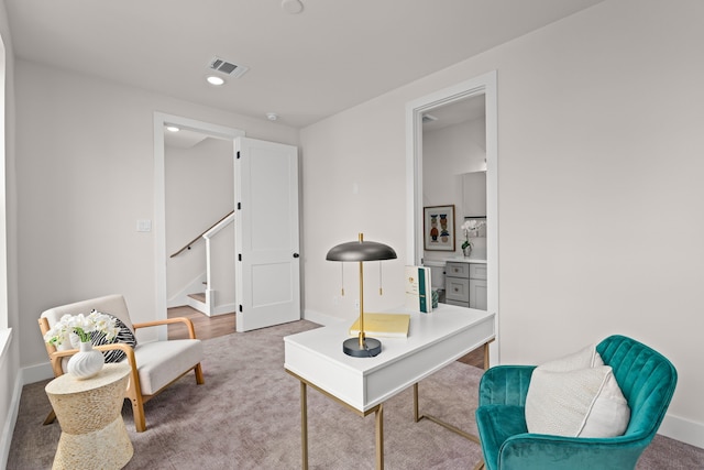 office with carpet floors, baseboards, recessed lighting, and visible vents