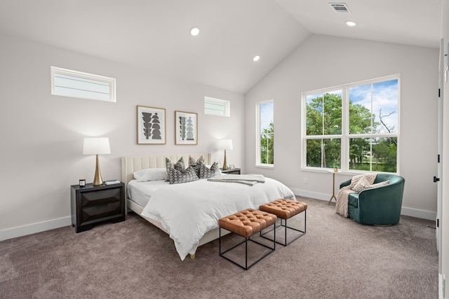carpeted bedroom with baseboards, vaulted ceiling, recessed lighting, and visible vents