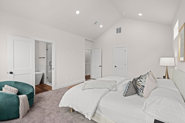 bedroom with recessed lighting, carpet floors, high vaulted ceiling, and visible vents
