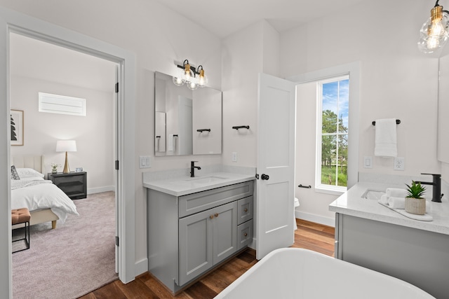ensuite bathroom with vanity, wood finished floors, baseboards, a soaking tub, and ensuite bath