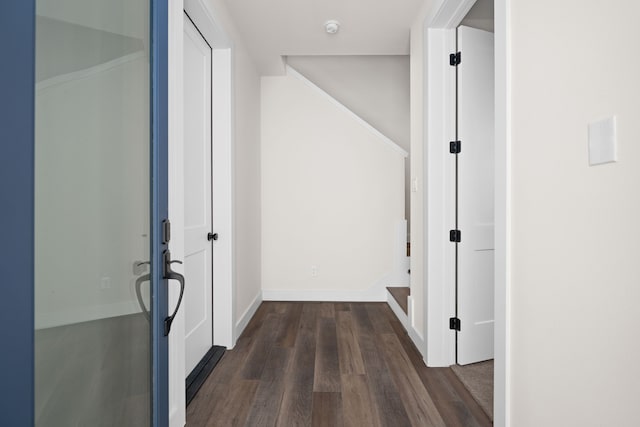 hallway featuring baseboards and dark wood finished floors