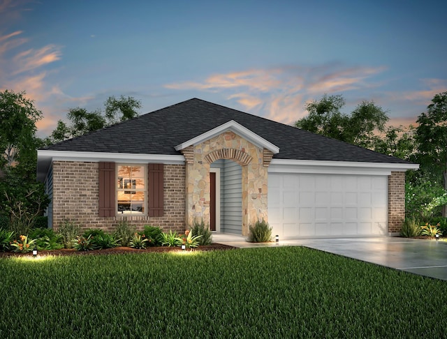 1934 32nd Ave N, Texas City, TX 77590 - ranch-style house featuring stone siding, concrete driveway, a garage, a shingled roof, and a front yard