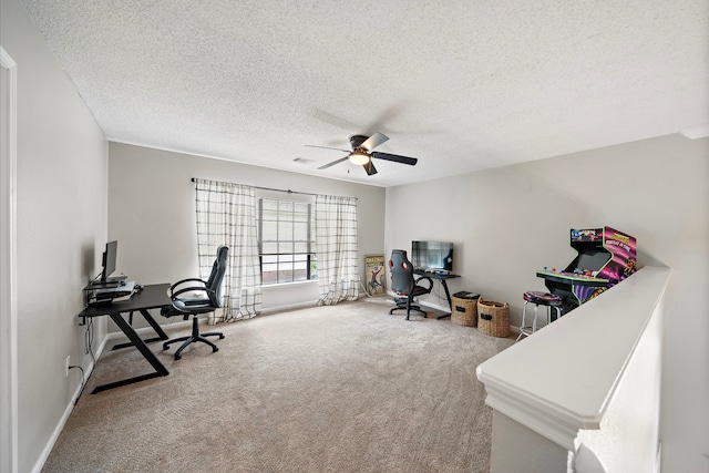 17203 Meadow Heights Dr, Houston, TX 77095 - office featuring a textured ceiling, visible vents, ceiling fan, and carpet