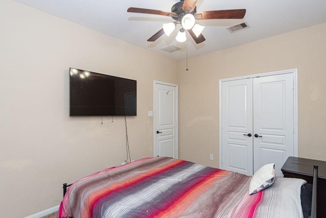 bedroom featuring a closet, ceiling fan, and visible vents