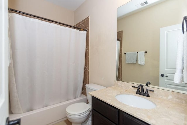full bath with toilet, vanity, shower / tub combo with curtain, and visible vents