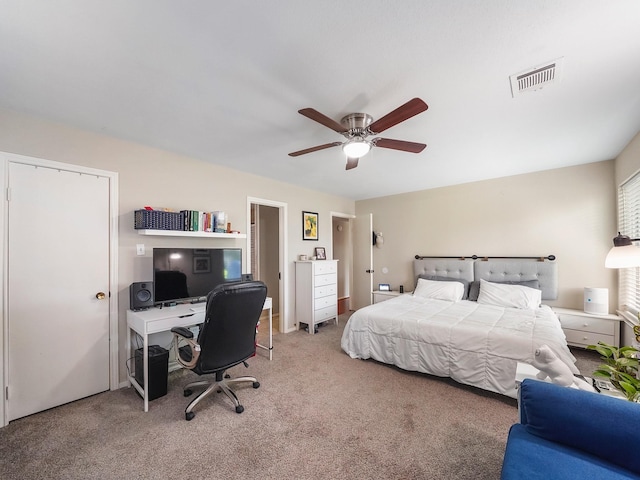 22403 Red River Dr, Katy, TX 77450 - bedroom with ceiling fan, visible vents, and carpet floors