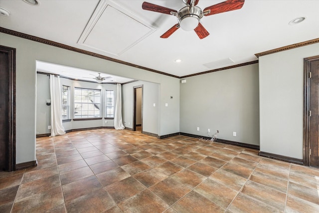 interior space featuring crown molding, ceiling fan, and baseboards