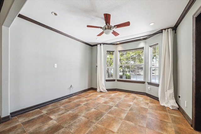 empty room featuring ceiling fan, baseboards, ornamental molding, and recessed lighting