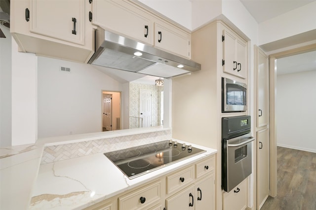 154 Camellia St, Sugar Land, TX 77478 - kitchen with stainless steel appliances, under cabinet range hood, wood finished floors, and light stone counters