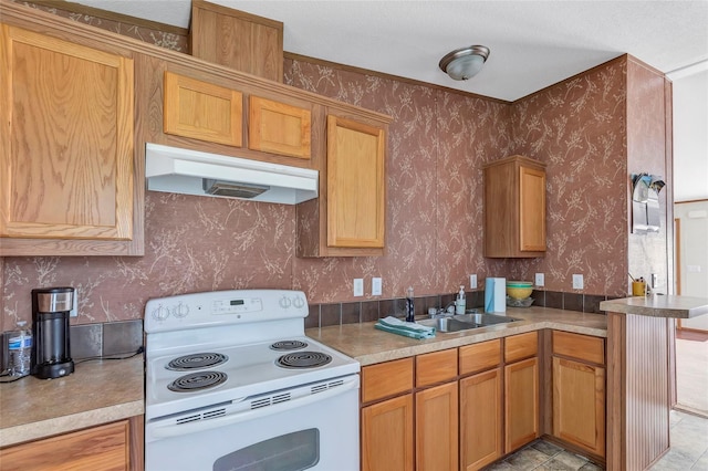637 Troy St, Anahuac, TX 77514 - kitchen with white range with electric stovetop, a sink, wallpapered walls, light countertops, and under cabinet range hood