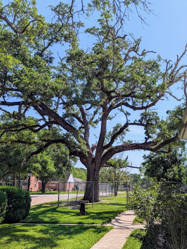 view of community featuring a lawn and fence