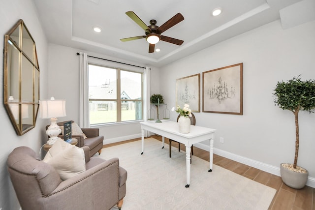 19407 Sorrel Stallion Trl, Tomball, TX 77377 - office area with a raised ceiling, light wood-style floors, ceiling fan, and recessed lighting