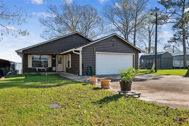 221 Kokomo Run, Point Blank, TX 77364 - ranch-style house with concrete driveway, a front lawn, and faux log siding
