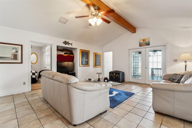 221 Kokomo Run, Point Blank, TX 77364 - living room featuring light tile patterned floors, lofted ceiling with beams, a ceiling fan, visible vents, and french doors