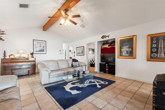 221 Kokomo Run, Point Blank, TX 77364 - tiled living room with baseboards, ceiling fan, lofted ceiling with beams, and visible vents