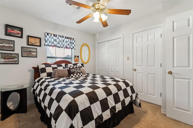 221 Kokomo Run, Point Blank, TX 77364 - bedroom with light carpet, a closet, ceiling fan, and visible vents