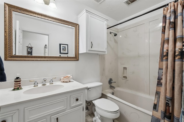 221 Kokomo Run, Point Blank, TX 77364 - bathroom featuring vanity, shower / bath combination with curtain, visible vents, and toilet