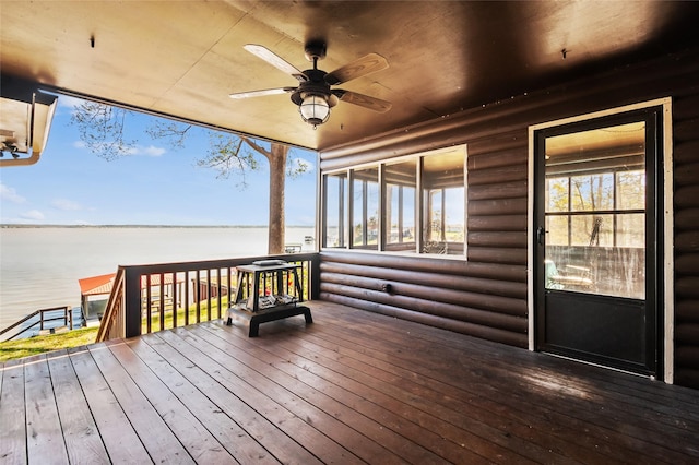 221 Kokomo Run, Point Blank, TX 77364 - wooden deck with a water view and a ceiling fan