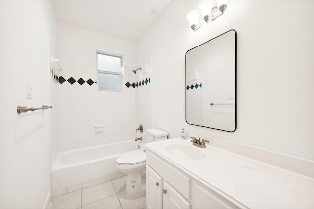bathroom featuring tile patterned floors, shower / bathtub combination, vanity, and toilet
