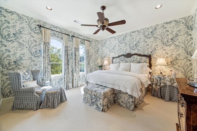 3410 Banbury Pl, Houston, TX 77027 - carpeted bedroom with recessed lighting, ornamental molding, wallpapered walls, and visible vents
