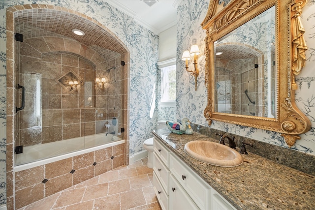 3410 Banbury Pl, Houston, TX 77027 - full bathroom featuring crown molding, tiled shower / bath combo, vanity, toilet, and wallpapered walls