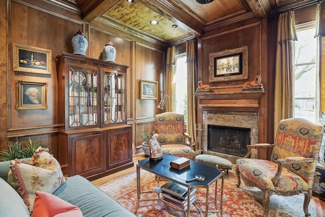 3410 Banbury Pl, Houston, TX 77027 - sitting room with plenty of natural light, ornamental molding, light wood-style flooring, and wooden ceiling