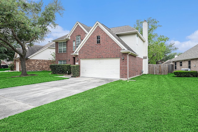 13134 Durbridge Trail Dr, Houston, TX 77065 - traditional home with concrete driveway, a front lawn, an attached garage, brick siding, and fence