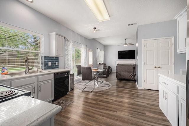 13134 Durbridge Trail Dr, Houston, TX 77065 - kitchen featuring visible vents, dishwasher, a sink, light countertops, and ceiling fan