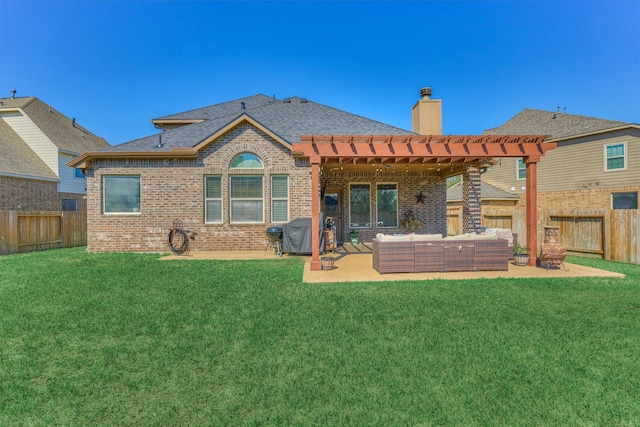 120 Brooke Addison Ct, Montgomery, TX 77316 - rear view of property with a pergola, a yard, a fenced backyard, an outdoor living space, and brick siding