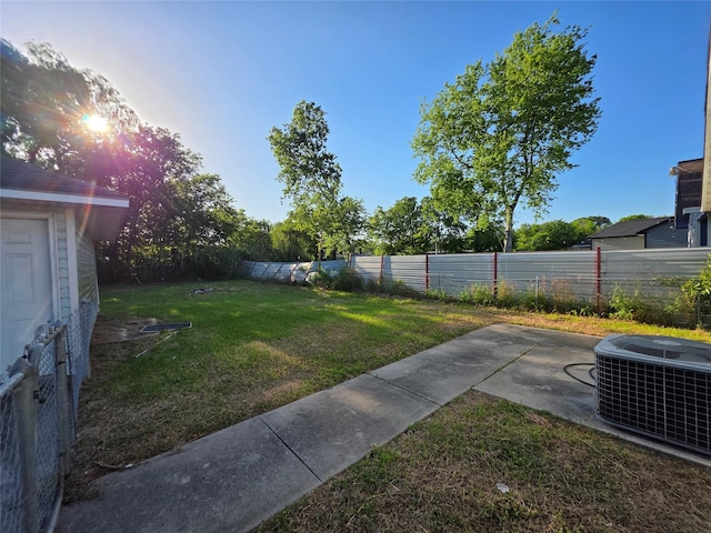 view of yard with cooling unit, a patio, and a fenced backyard