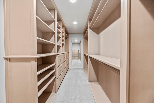 walk in closet featuring light colored carpet