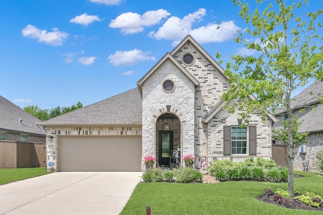 french country style house featuring an attached garage, stone siding, fence, a front lawn, and driveway