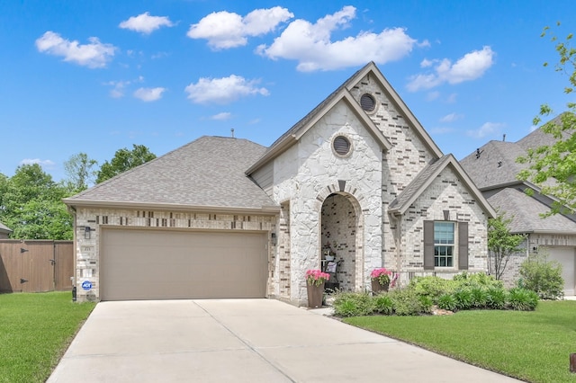 french country style house featuring stone siding, driveway, a front yard, and a garage