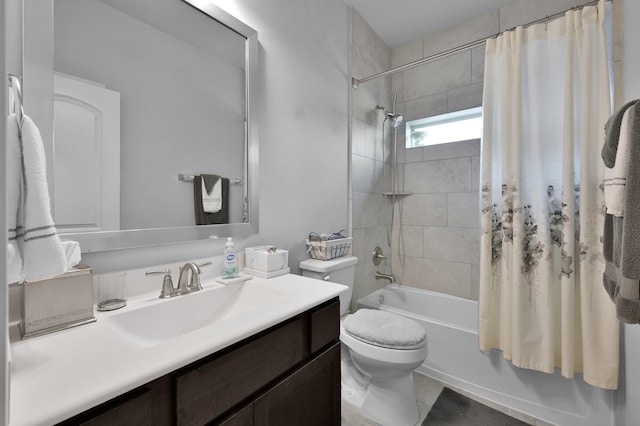 bathroom with shower / bath combo with shower curtain, vanity, and toilet