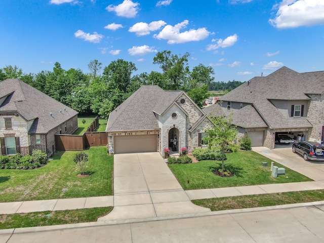 french country inspired facade featuring a shingled roof, an attached garage, driveway, stone siding, and a front yard