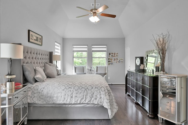 bedroom with high vaulted ceiling, a ceiling fan, a bar, dark wood-type flooring, and visible vents