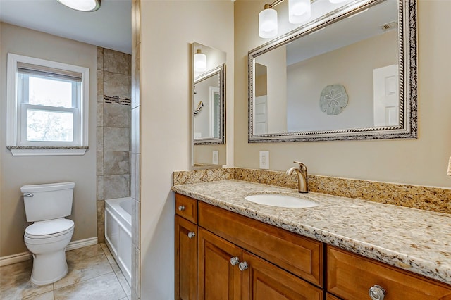 bathroom with vanity, visible vents, toilet, tile patterned floors, and baseboards