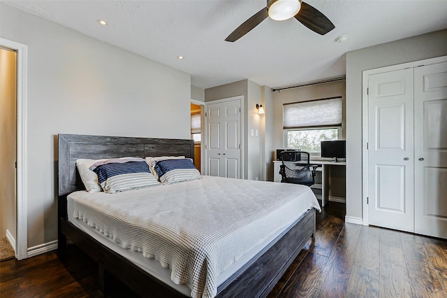 bedroom with recessed lighting, wood-type flooring, baseboards, and a ceiling fan