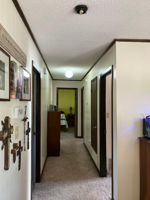 hall featuring crown molding and a textured ceiling